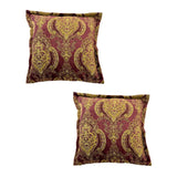 Set of two luxury square scatter cushions featuring an elegant burgundy and antique gold paisley pattern with a richly woven finish, perfect for adding classic sophistication and warmth to sofas, armchairs, or beds.