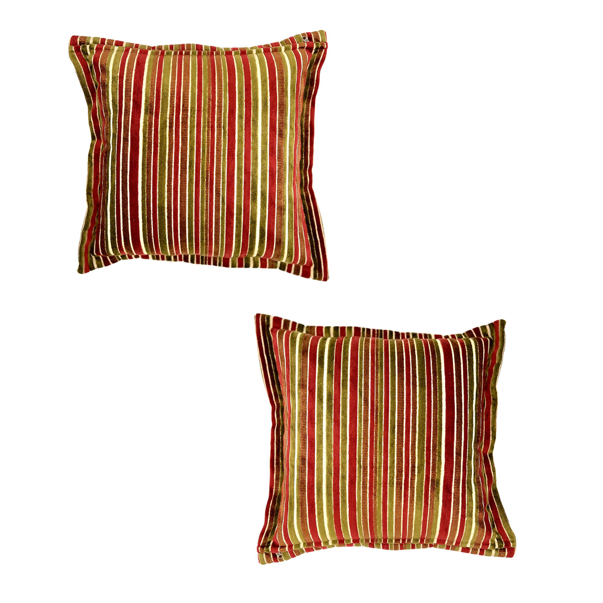Set of two luxury square scatter cushions featuring bold burgundy, gold, and olive striped upholstery fabric with a textured woven finish, ideal for adding warmth and classic elegance to any sofa or bed.