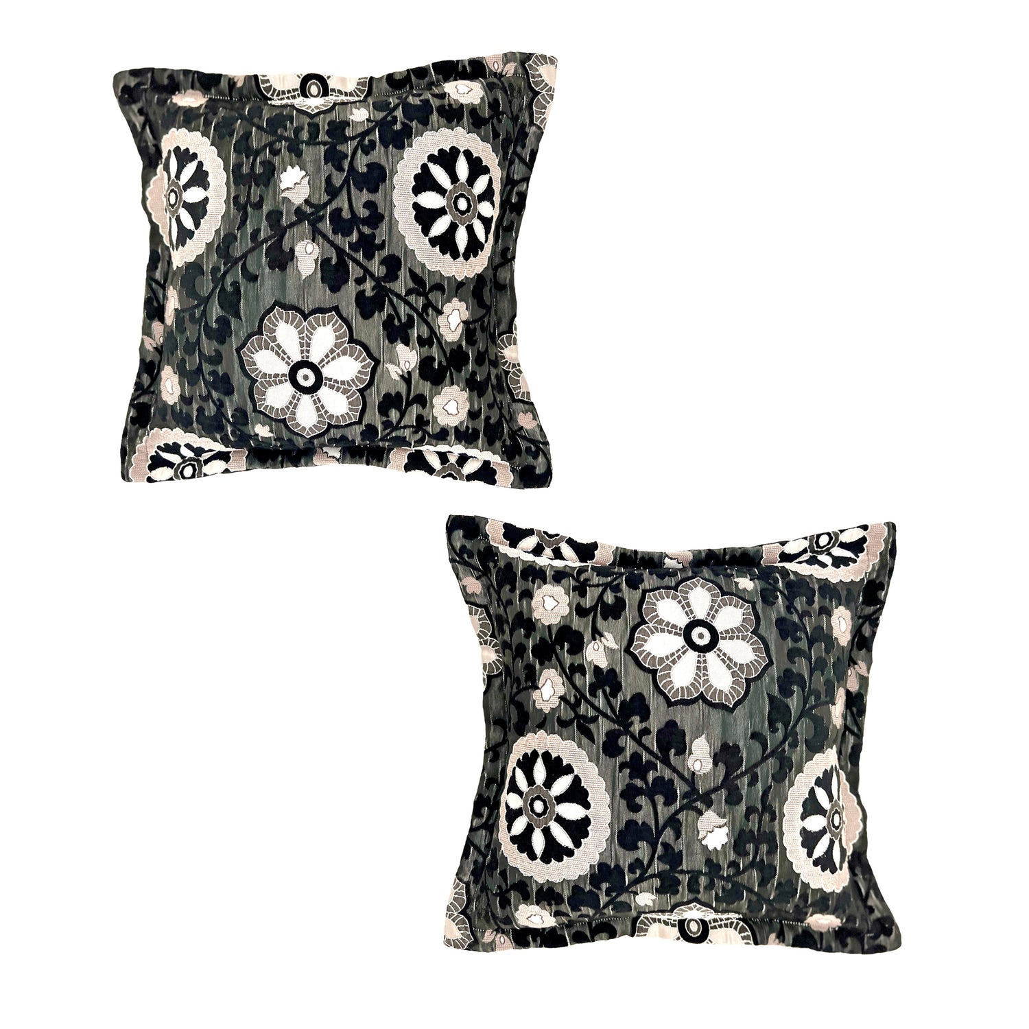 Set of two luxury square scatter cushions featuring an elegant charcoal, ivory, and grey floral medallion pattern with a textured woven finish, perfect for adding timeless sophistication to sofas, armchairs, or beds.