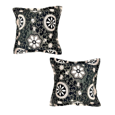 Set of two luxury square scatter cushions featuring an elegant charcoal, ivory, and grey floral medallion pattern with a textured woven finish, perfect for adding timeless sophistication to sofas, armchairs, or beds.