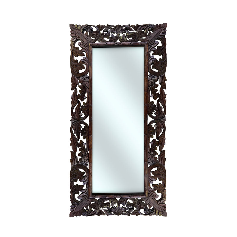 Elegant rectangular wall mirror with an intricately hand-carved dark wood frame featuring ornate floral and scroll detailing, perfect for classic and luxury interiors.