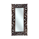 Elegant rectangular wall mirror with an intricately hand-carved dark wood frame featuring ornate floral and scroll detailing, perfect for classic and luxury interiors.
