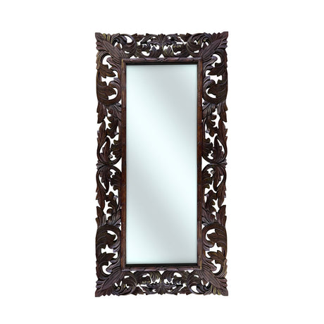 Elegant rectangular wall mirror with an intricately hand-carved dark wood frame featuring ornate floral and scroll detailing, perfect for classic and luxury interiors.