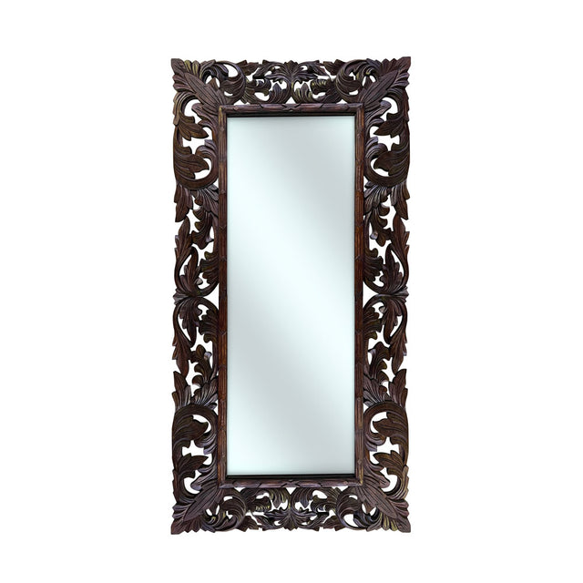Elegant rectangular wall mirror with an intricately hand-carved dark wood frame featuring ornate floral and scroll detailing, perfect for classic and luxury interiors.
