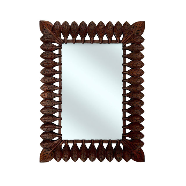 Decorative rectangular wall mirror with a hand-carved dark wood frame featuring intricate laurel leaf detailing, bringing timeless elegance and natural warmth to classic and contemporary interiors.