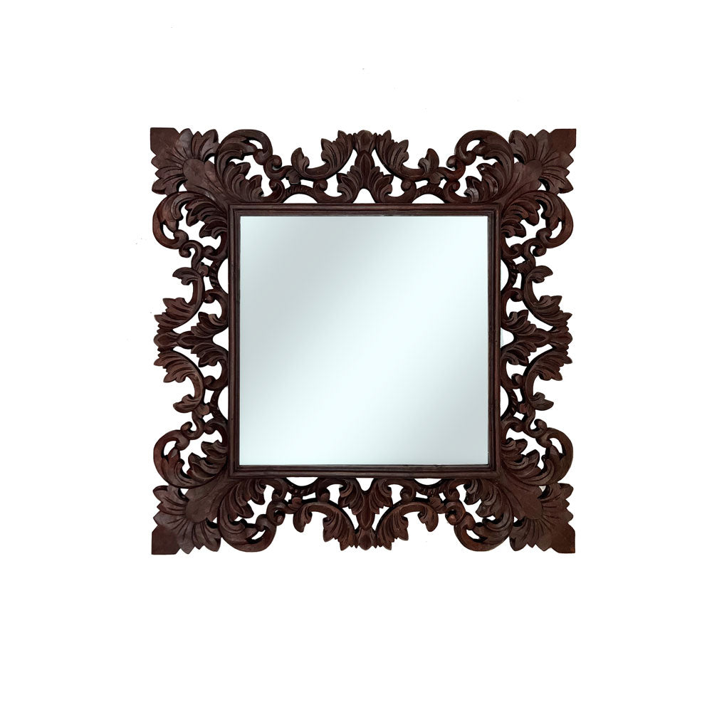 Hand-carved square wall mirror featuring an intricately detailed floral and scrollwork wooden frame in a rich dark walnut finish. This timeless statement mirror adds classic elegance and artisan craftsmanship to living rooms, bedrooms, entryways, boutique hotels, or luxury interiors.