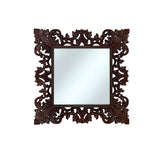 Hand-carved square wall mirror featuring an intricately detailed floral and scrollwork wooden frame in a rich dark walnut finish. This timeless statement mirror adds classic elegance and artisan craftsmanship to living rooms, bedrooms, entryways, boutique hotels, or luxury interiors.
