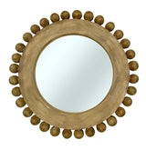 Decorative round wall mirror with a natural wood frame featuring raised beaded edging and a warm light oak finish, adding organic charm and timeless style to any interior.