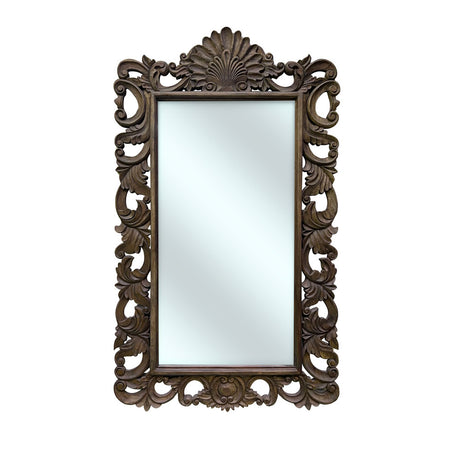 Elegant rectangular wall mirror with an intricately carved dark wood frame featuring ornate floral scrollwork and a decorative crest, perfect for classic and luxury interiors.
