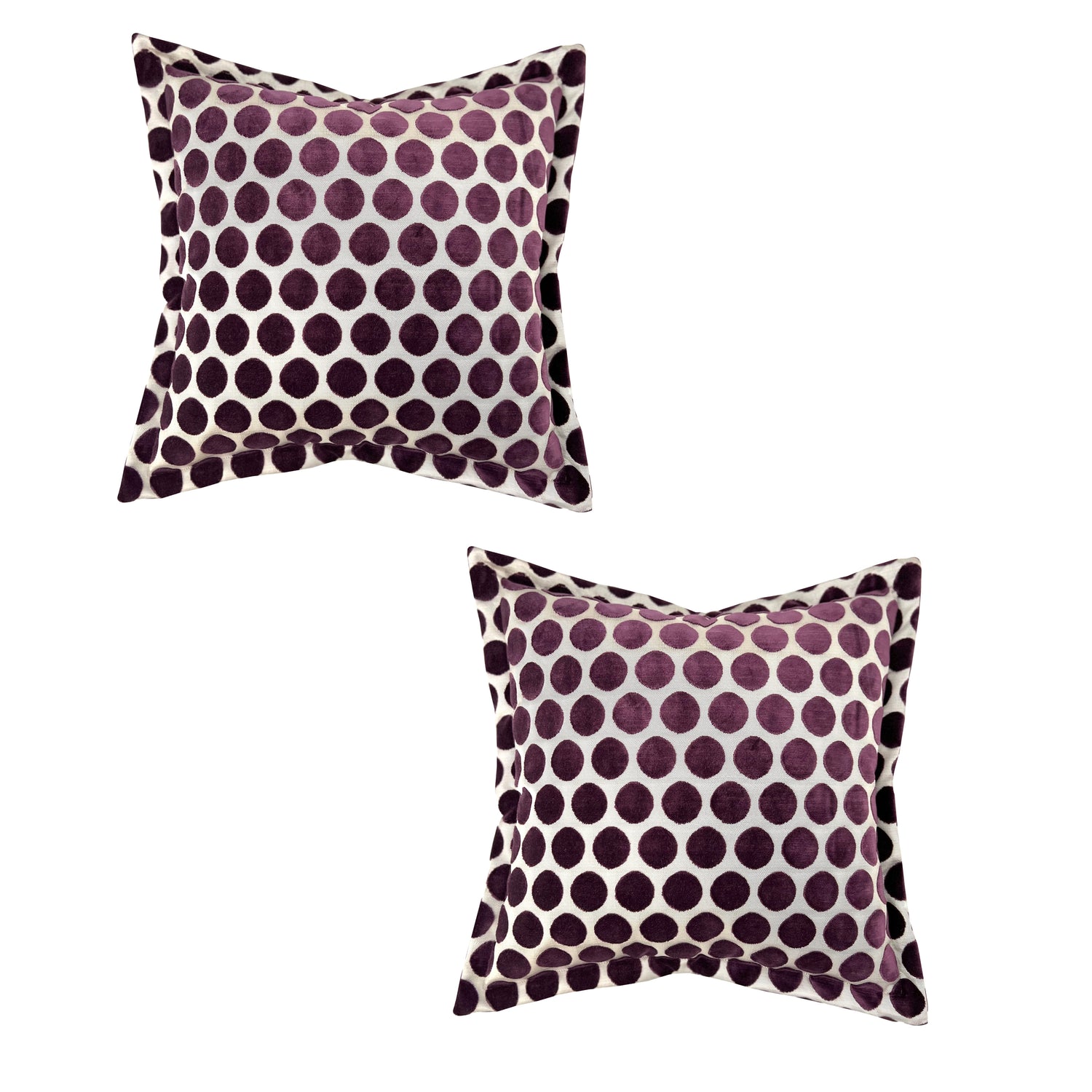 Set of two luxury square velvet scatter cushions featuring a textured plum purple polka dot pattern on a soft neutral background, adding a playful yet elegant accent to sofas, armchairs, or beds.