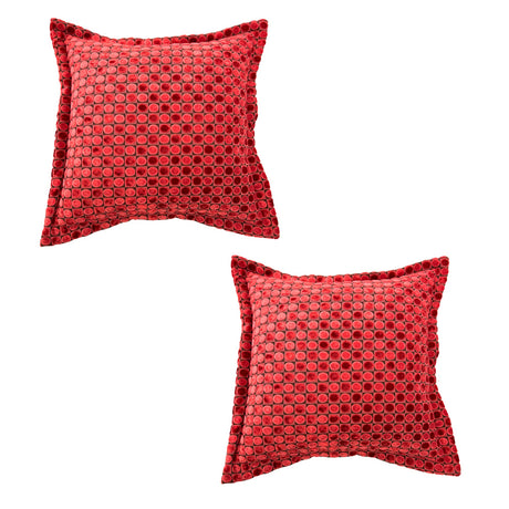 Set of two luxury square velvet scatter cushions featuring a textured ruby red honeycomb pattern with a soft plush finish, perfect for adding bold colour and contemporary elegance to sofas, armchairs, or beds.