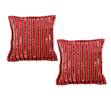 Set of two luxury square velvet scatter cushions featuring bold ruby red and blush pink vertical stripes with a soft textured finish, perfect for adding warmth and contemporary elegance to sofas, armchairs, or beds.
