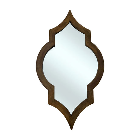 Decorative Moroccan-inspired wall mirror with a warm rustic wood frame and elegant pointed silhouette, perfect for adding timeless character and natural warmth to any interior.