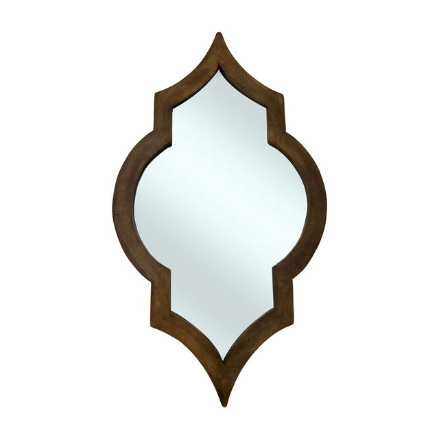 Decorative Moroccan-inspired wall mirror with a warm rustic wood frame and elegant pointed silhouette, perfect for adding timeless character and natural warmth to any interior.
