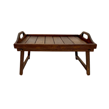 Rustic wooden folding breakfast tray with integrated carry handles, a slatted rectangular surface, and collapsible legs, perfect for serving breakfast in bed, coffee, snacks, or decorative displays.