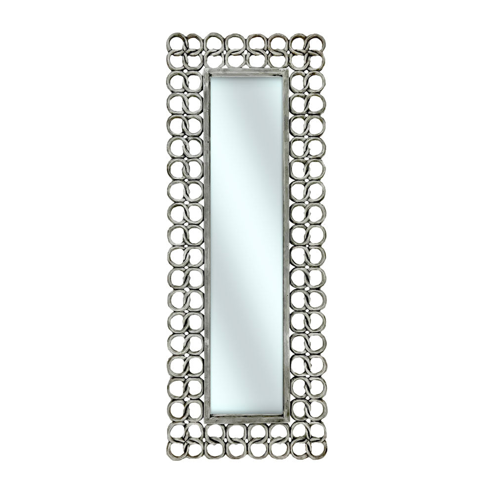 Contemporary full-length wall mirror with a decorative silver frame featuring interlocking circular rings, adding a modern and elegant statement to any bedroom, dressing room, or living space.