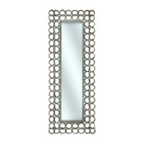 Contemporary full-length wall mirror with a decorative silver frame featuring interlocking circular rings, adding a modern and elegant statement to any bedroom, dressing room, or living space.