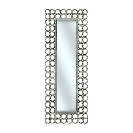Contemporary full-length wall mirror with a decorative silver frame featuring interlocking circular rings, adding a modern and elegant statement to any bedroom, dressing room, or living space.