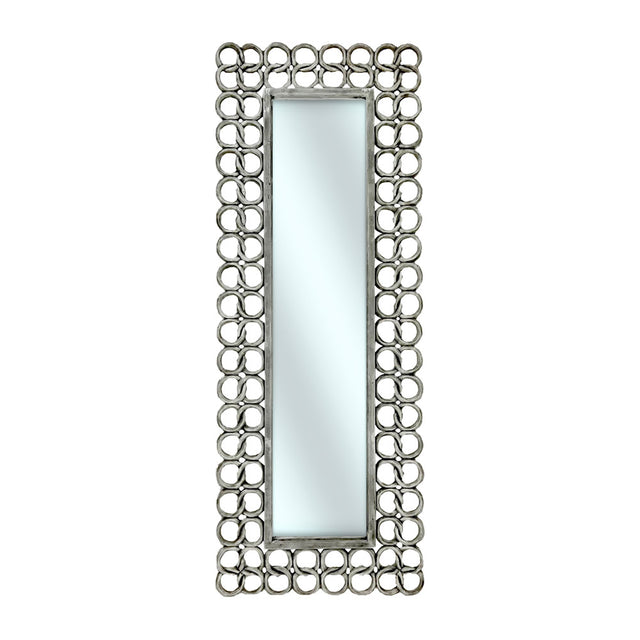 Contemporary full-length wall mirror with a decorative silver frame featuring interlocking circular rings, adding a modern and elegant statement to any bedroom, dressing room, or living space.