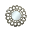 Decorative round wall mirror with a silver petal-inspired frame featuring layered openwork loops and a distressed metallic finish, creating an elegant floral statement for any interior.