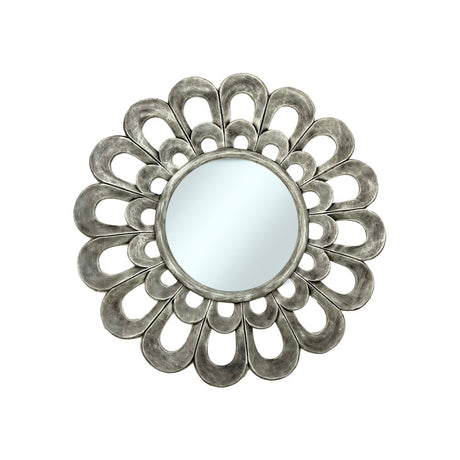 Decorative round wall mirror with a silver petal-inspired frame featuring layered openwork loops and a distressed metallic finish, creating an elegant floral statement for any interior.