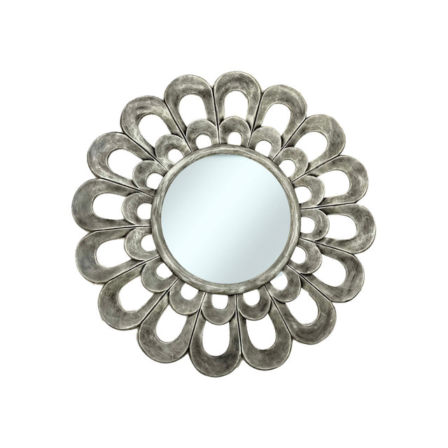 Decorative round wall mirror with a silver petal-inspired frame featuring layered openwork loops and a distressed metallic finish, creating an elegant floral statement for any interior.