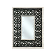 Decorative rectangular wall mirror featuring a whitewashed wooden frame with an intricate black scrollwork inset, blending rustic charm with elegant wrought iron-inspired detailing for timeless appeal.
