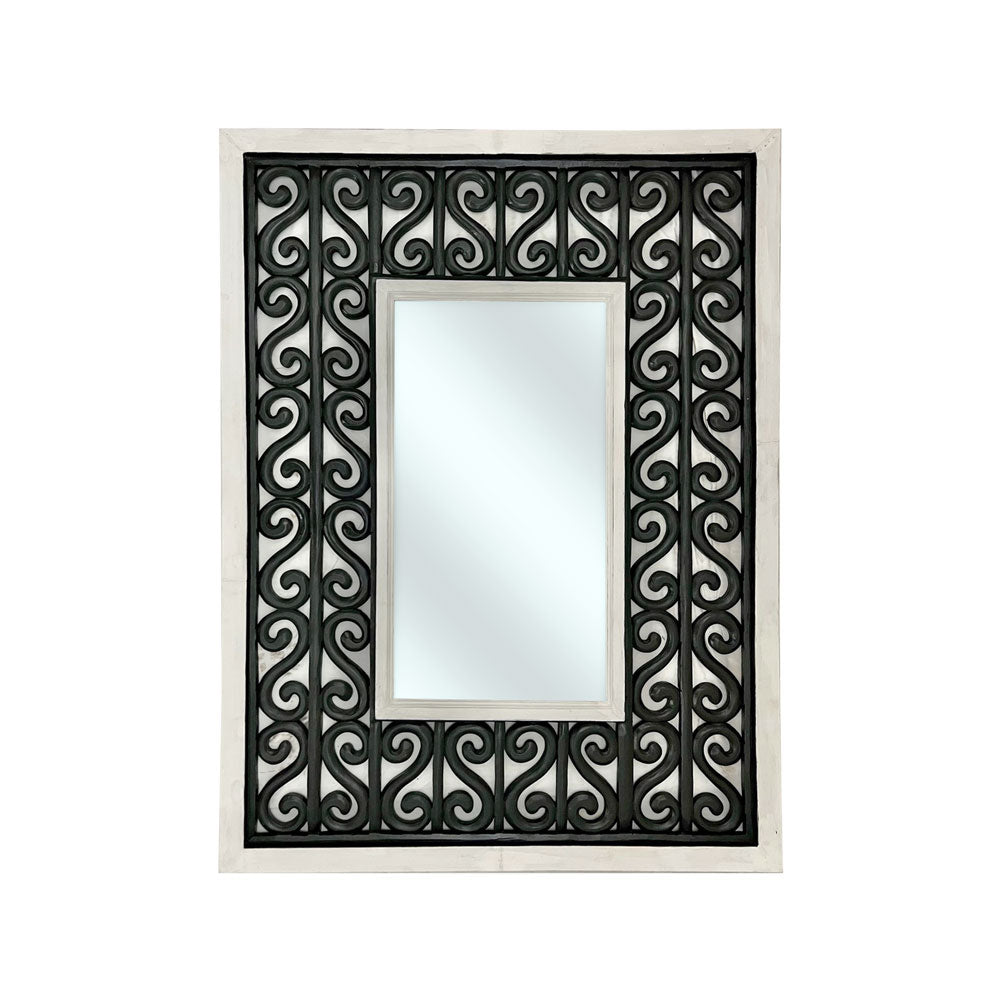 Decorative rectangular wall mirror featuring a whitewashed wooden frame with an intricate black scrollwork inset, blending rustic charm with elegant wrought iron-inspired detailing for timeless appeal.