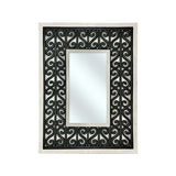 Decorative rectangular wall mirror featuring a whitewashed wooden frame with an intricate black scrollwork inset, blending rustic charm with elegant wrought iron-inspired detailing for timeless appeal.