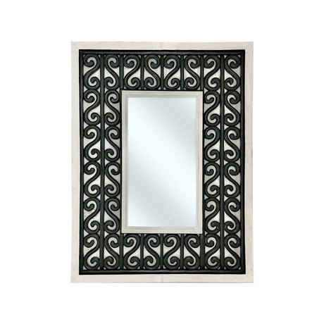 Decorative rectangular wall mirror featuring a whitewashed wooden frame with an intricate black scrollwork inset, blending rustic charm with elegant wrought iron-inspired detailing for timeless appeal.