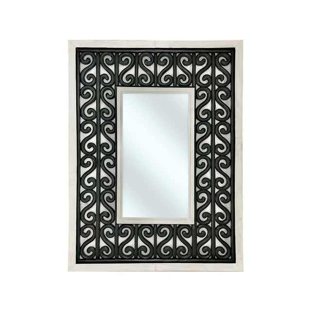 Decorative rectangular wall mirror featuring a whitewashed wooden frame with an intricate black scrollwork inset, blending rustic charm with elegant wrought iron-inspired detailing for timeless appeal.